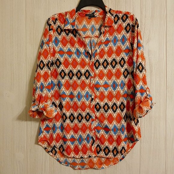 Hannah Women's Size S Red Colorful Button-Up Collared Blouse Roll Tab Sleeve - Picture 3 of 11